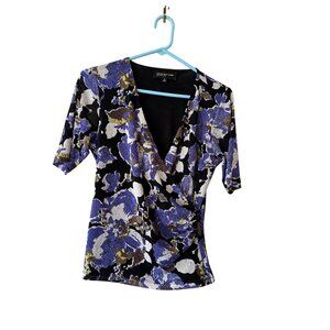 Vintage Jones New York Floral Print Faux Wrap Top Ruched Buttons Whimsigoth Sz S